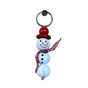 Adorable Wooden Snowman Key Ring w/plaid Scarf Accent